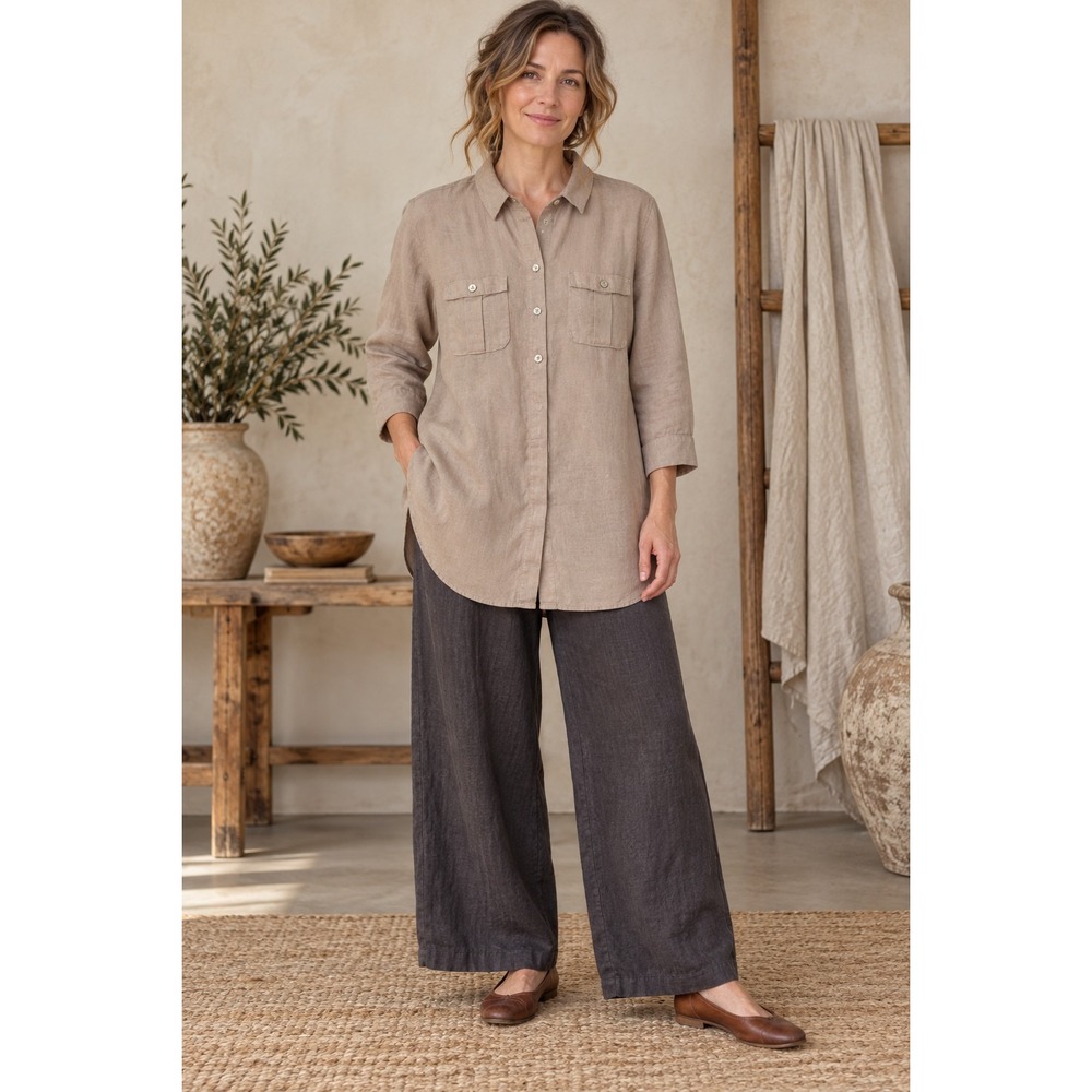 Chico's Women's Size 1 US 8 Taupe Linen Button Front Tunic Shirt Pockets